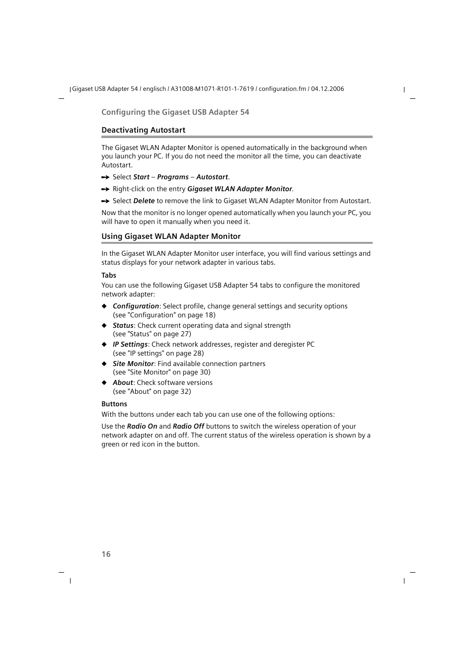 Deactivating autostart, Using gigaset wlan adapter monitor | Siemens 54 User Manual | Page 18 / 56