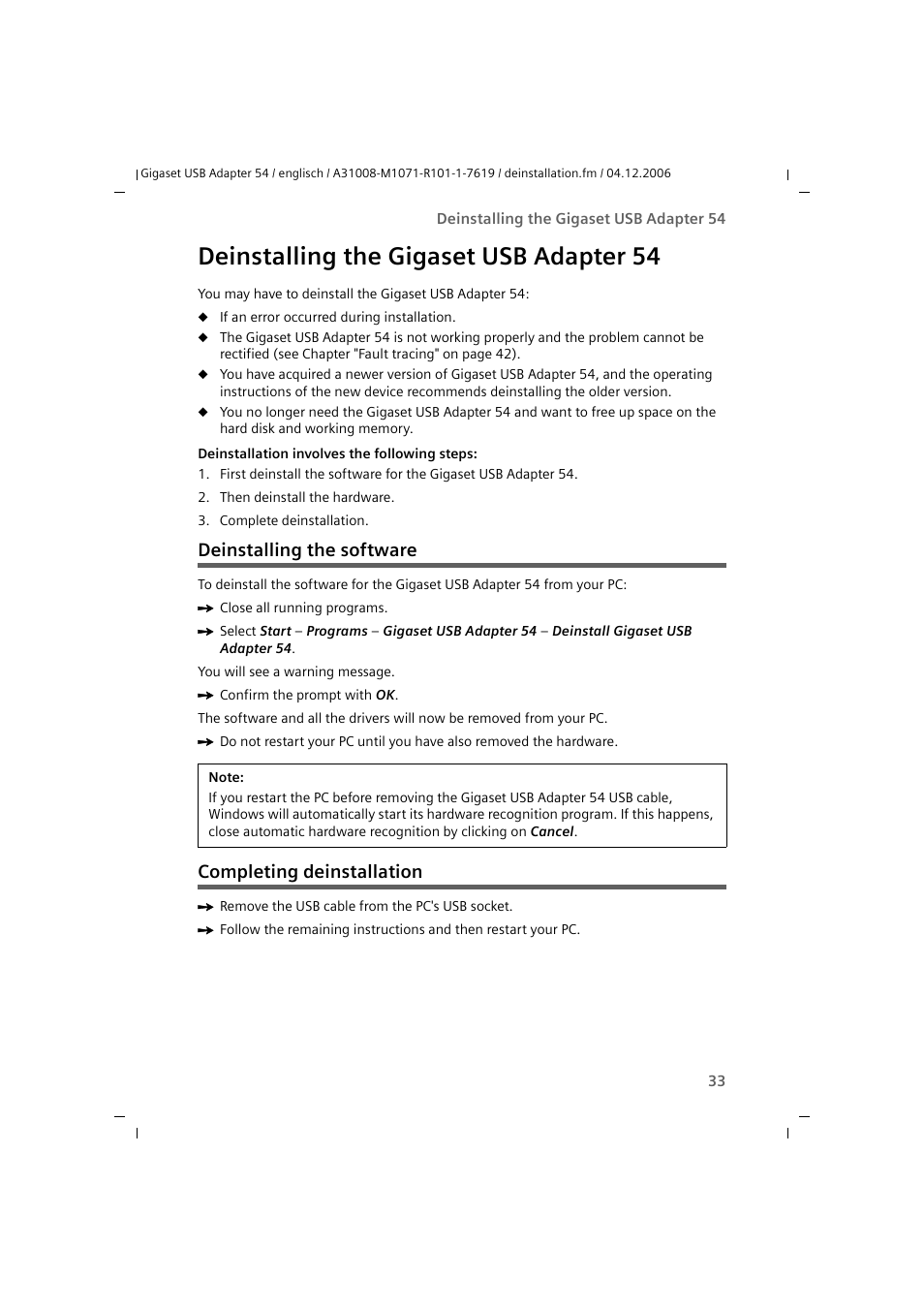 Deinstalling the gigaset usb adapter 54, Deinstalling the software, Completing deinstallation | Siemens 54 User Manual | Page 35 / 56