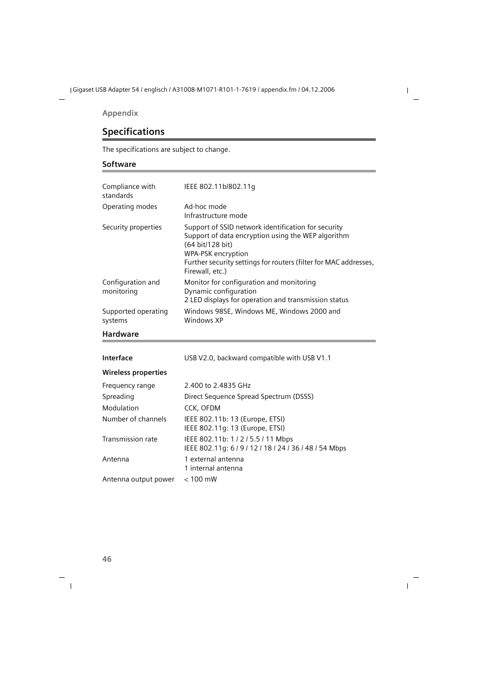 Specifications, Software, Hardware | Software hardware | Siemens 54 User Manual | Page 48 / 56