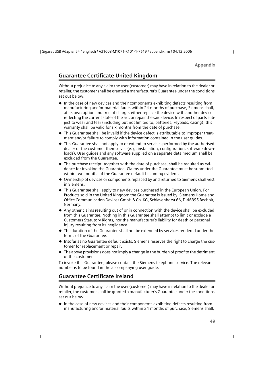 Guarantee certificate united kingdom, Guarantee certificate ireland | Siemens 54 User Manual | Page 51 / 56