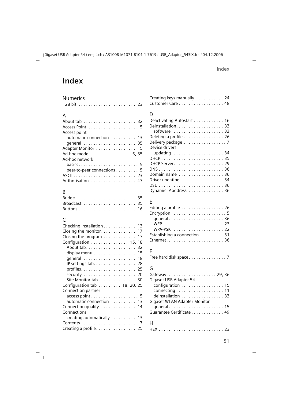 Index | Siemens 54 User Manual | Page 53 / 56