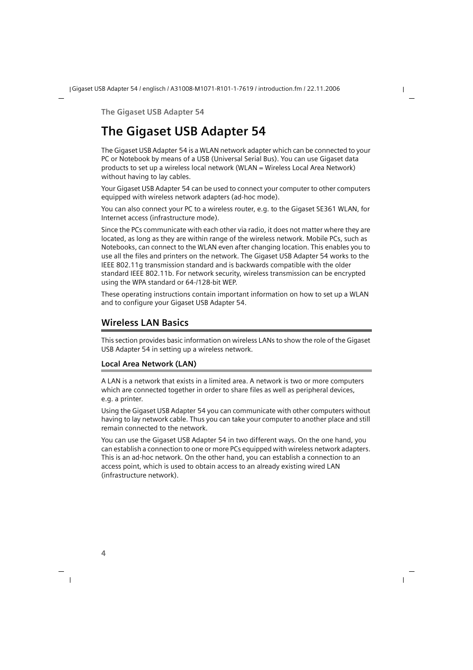 The gigaset usb adapter 54, Wireless lan basics, Local area network (lan) | Siemens 54 User Manual | Page 6 / 56