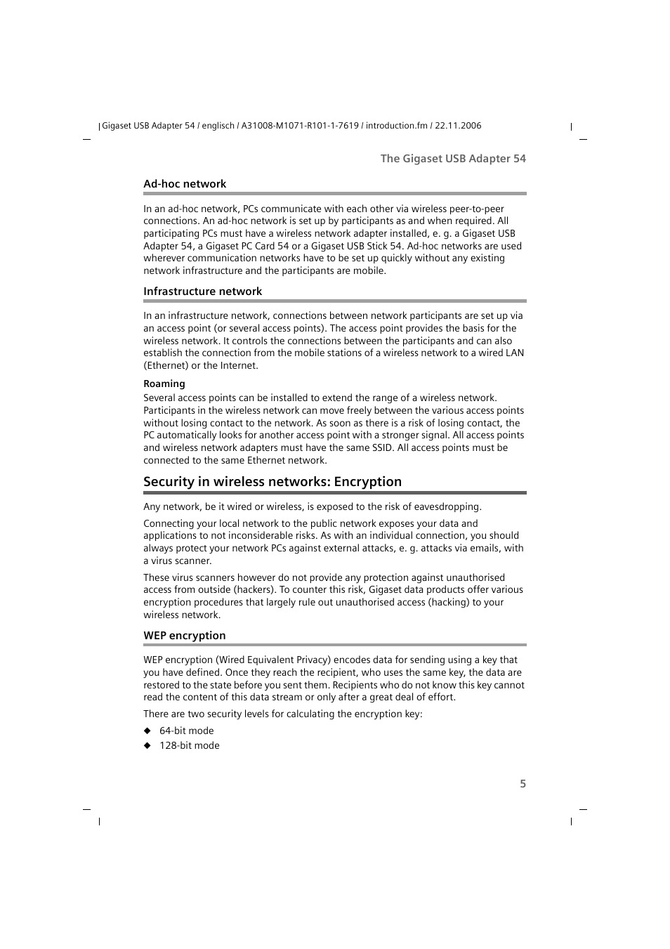 Ad-hoc network, Infrastructure network, Security in wireless networks: encryption | Wep encryption, Ad-hoc network infrastructure network | Siemens 54 User Manual | Page 7 / 56