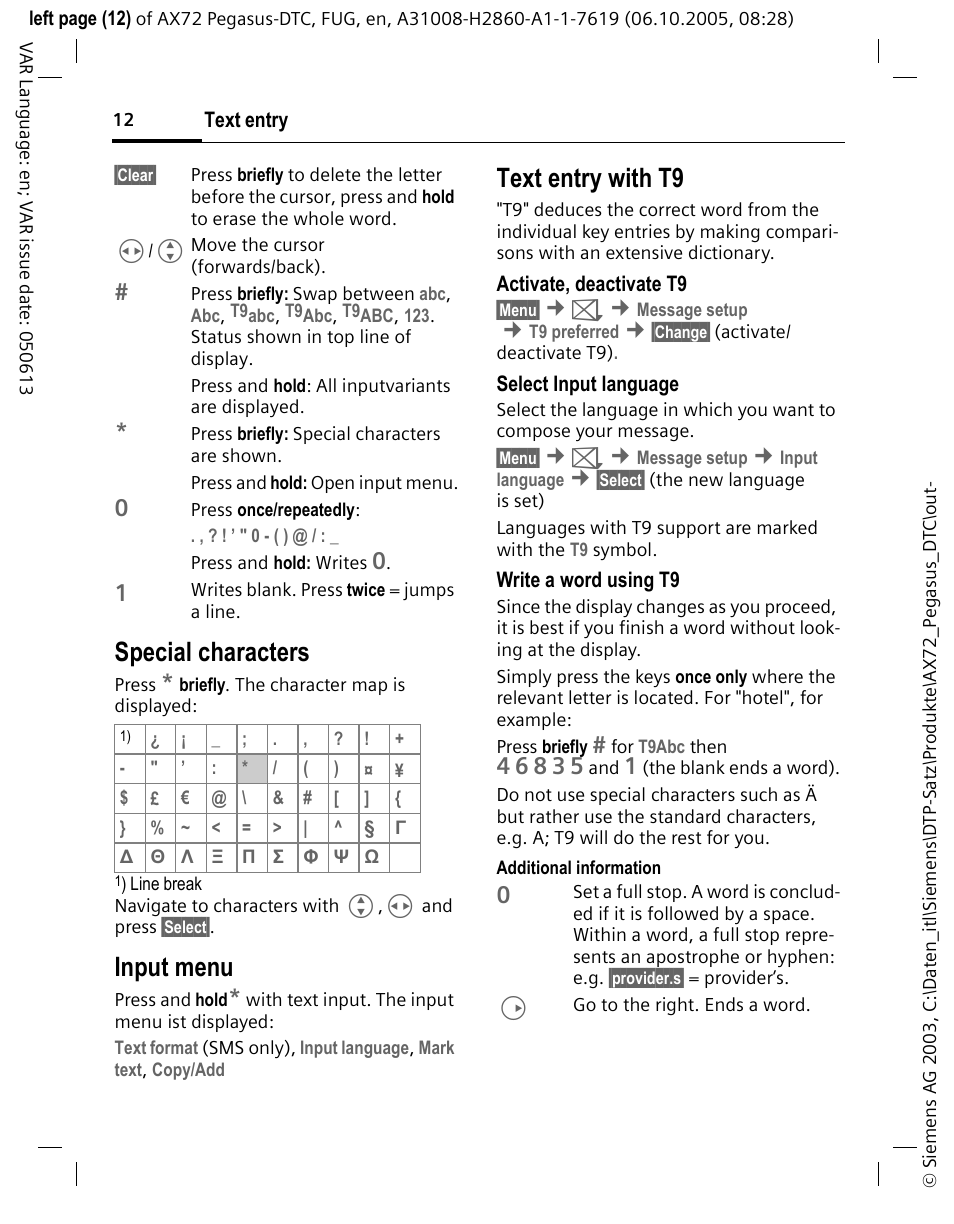 Special characters, Input menu, Text entry with t9 | Siemens PEGASUS-DTC AX72 User Manual | Page 12 / 44