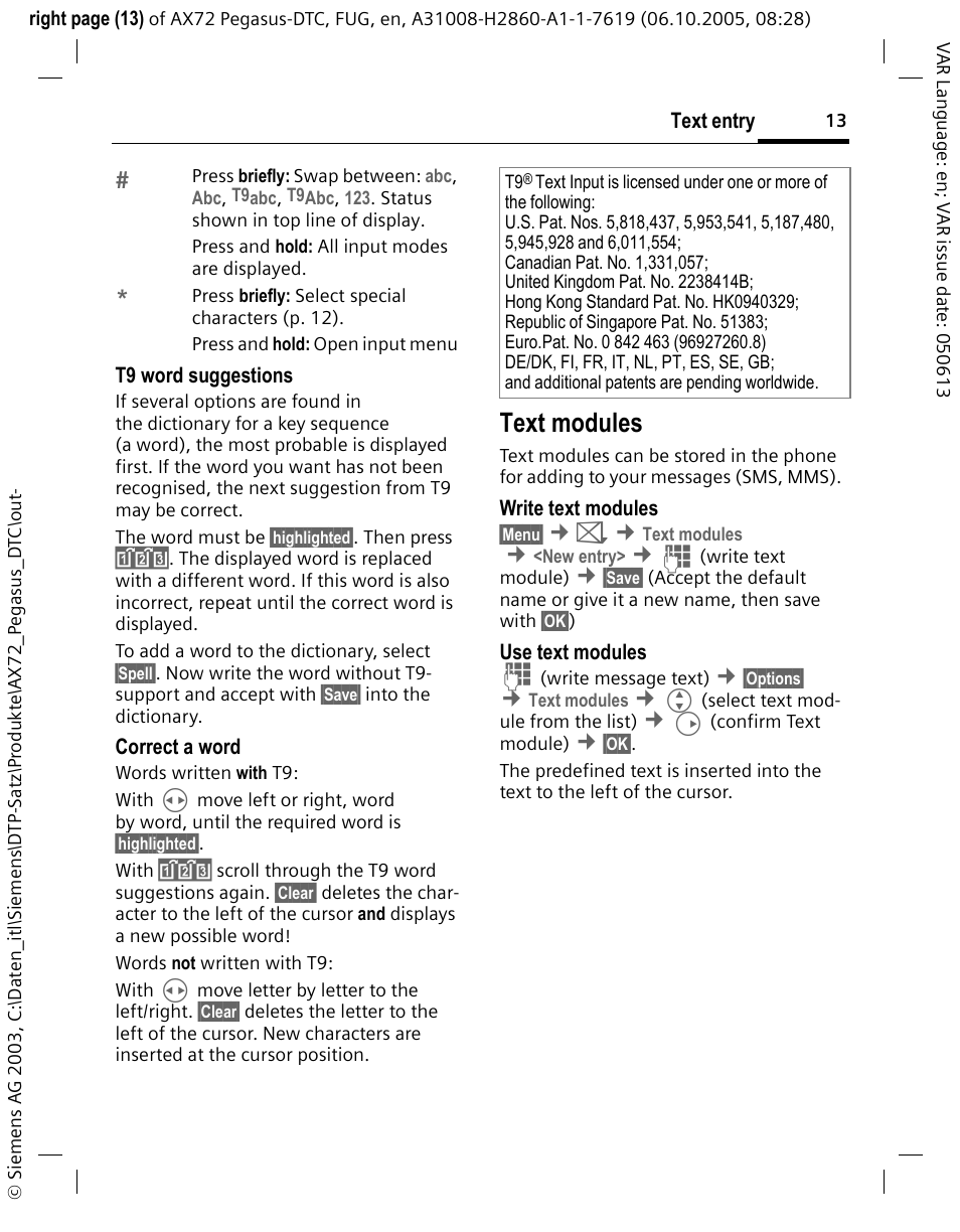 Text modules | Siemens PEGASUS-DTC AX72 User Manual | Page 13 / 44