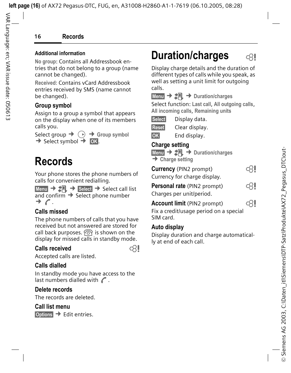 Records, Duration/charges b, Duration/charges | Siemens PEGASUS-DTC AX72 User Manual | Page 16 / 44