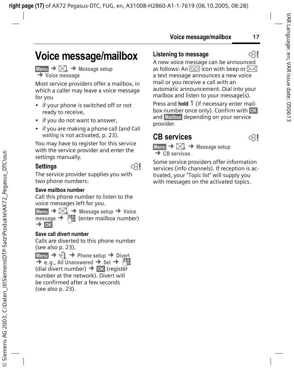 Voice message/mailbox, Cb services b | Siemens PEGASUS-DTC AX72 User Manual | Page 17 / 44