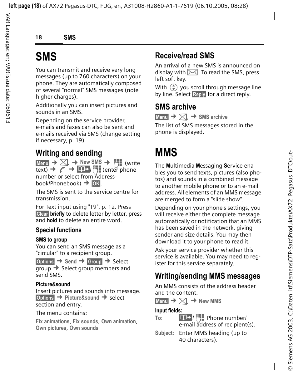 Writing and sending, Receive/read sms, Sms archive | Writing/sending mms messages | Siemens PEGASUS-DTC AX72 User Manual | Page 18 / 44