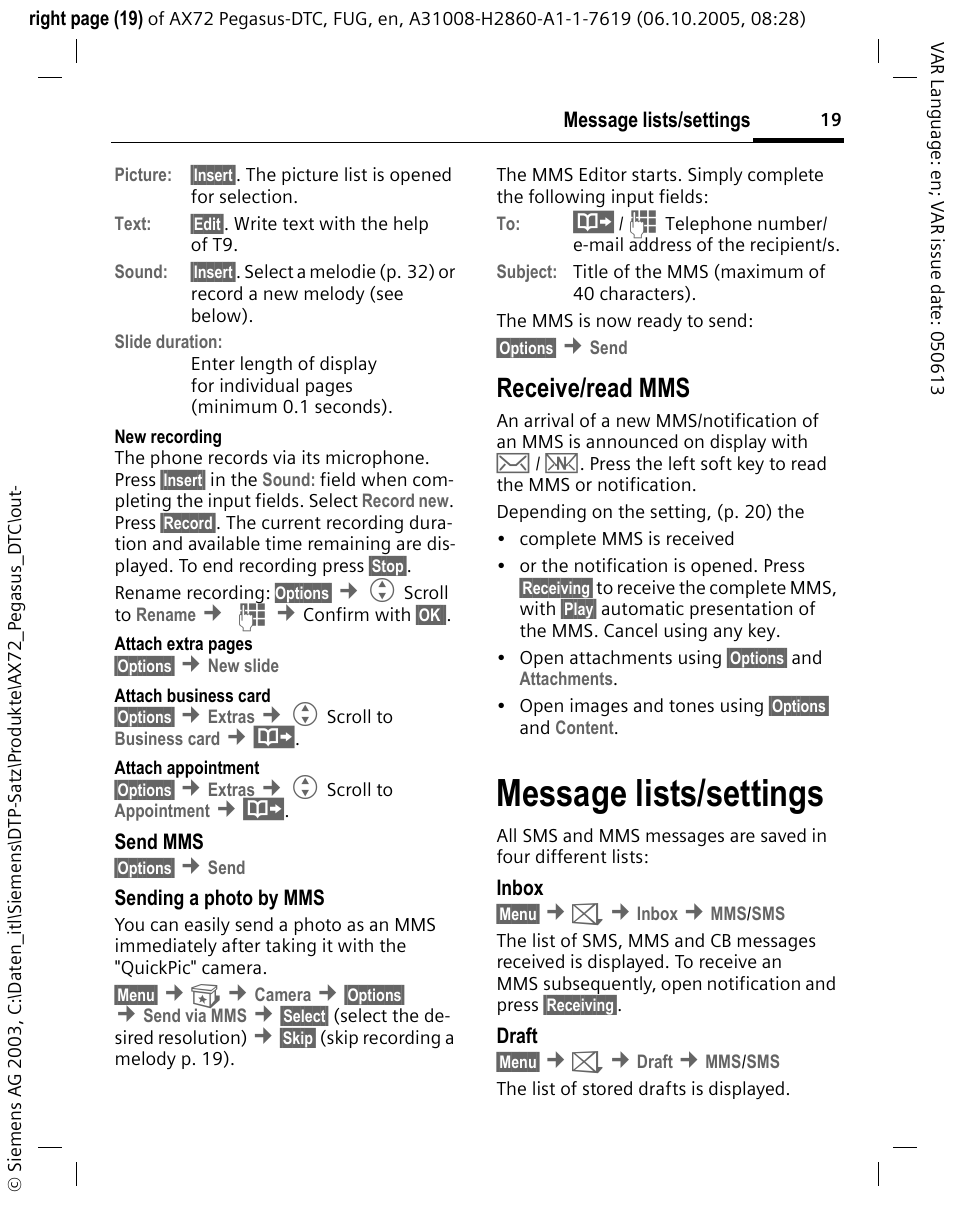 Message lists/settings, Receive/read mms | Siemens PEGASUS-DTC AX72 User Manual | Page 19 / 44