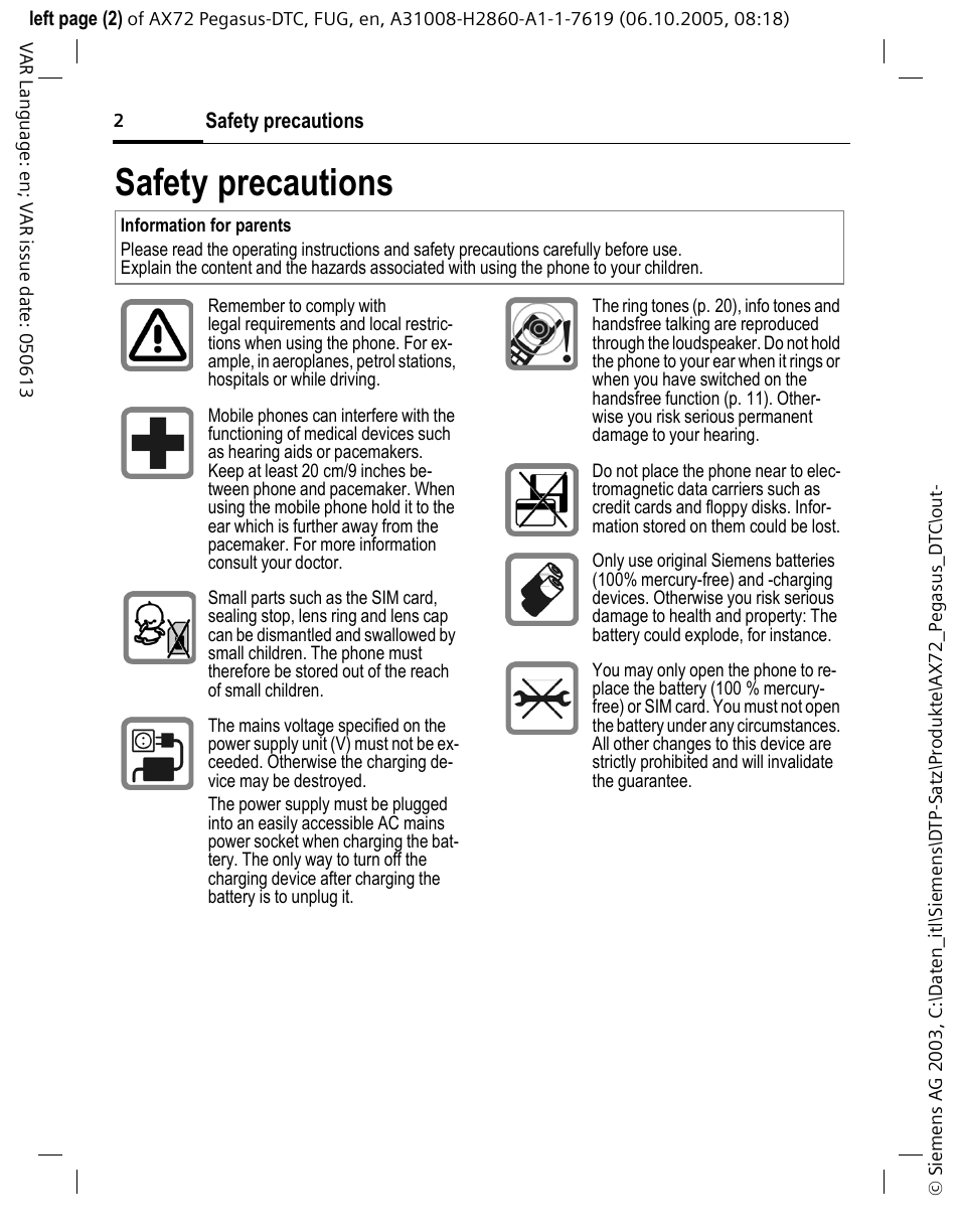 Safety precautions | Siemens PEGASUS-DTC AX72 User Manual | Page 2 / 44