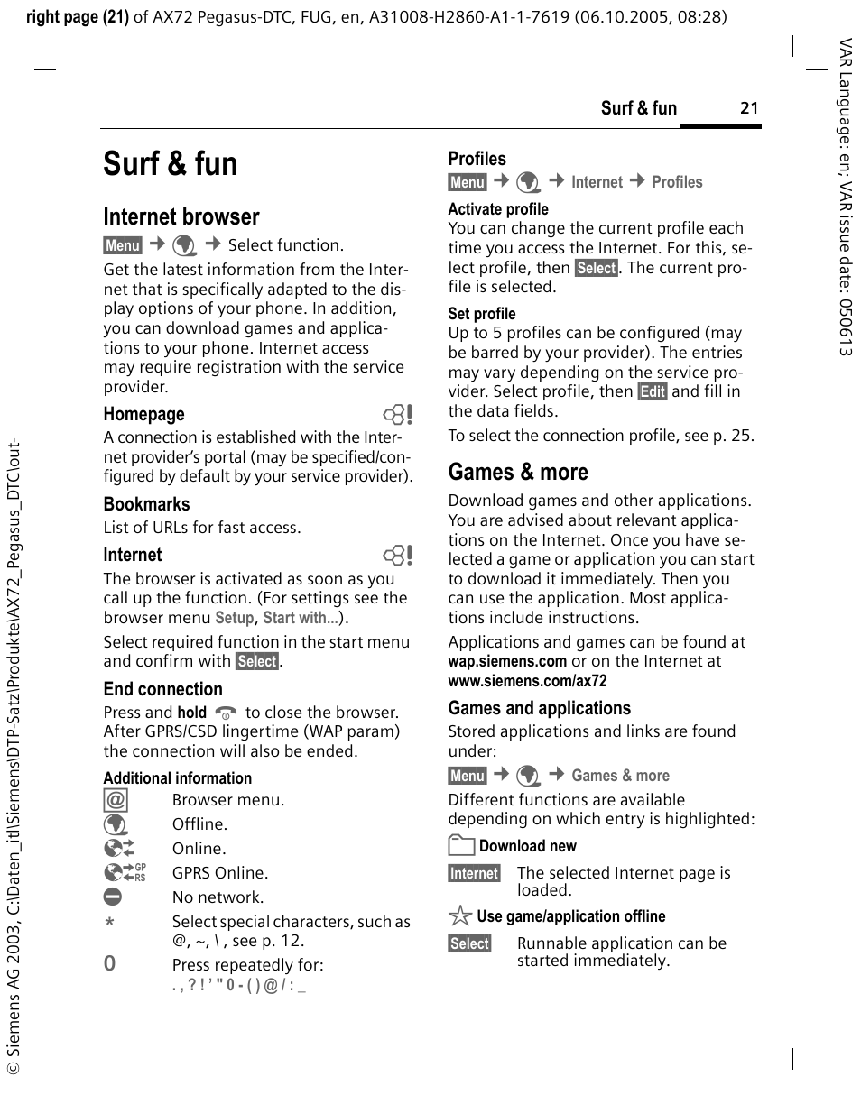 Surf & fun, Internet browser, Games & more | Siemens PEGASUS-DTC AX72 User Manual | Page 21 / 44