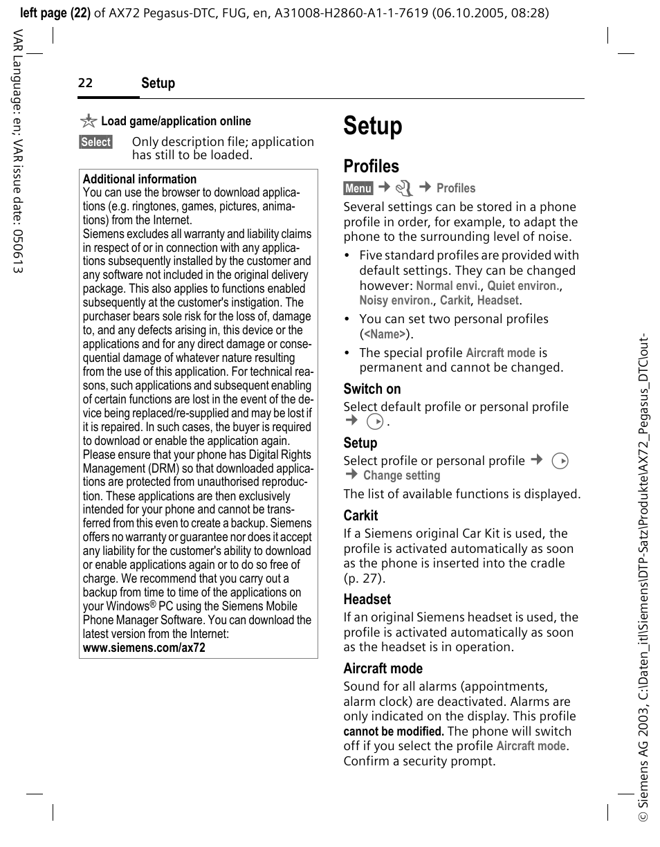 Setup, Profiles | Siemens PEGASUS-DTC AX72 User Manual | Page 22 / 44