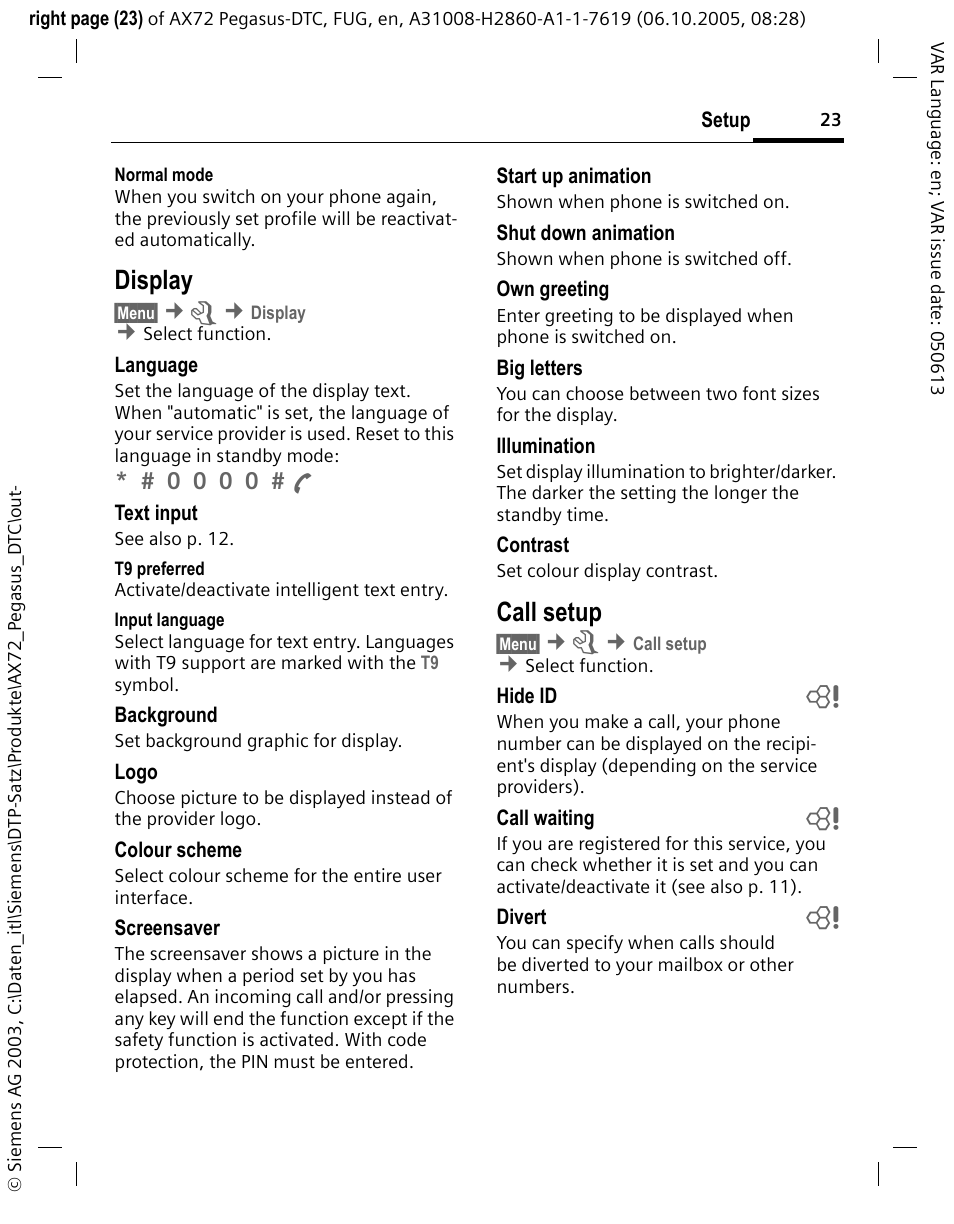 Display, Call setup, P. 23) | Siemens PEGASUS-DTC AX72 User Manual | Page 23 / 44