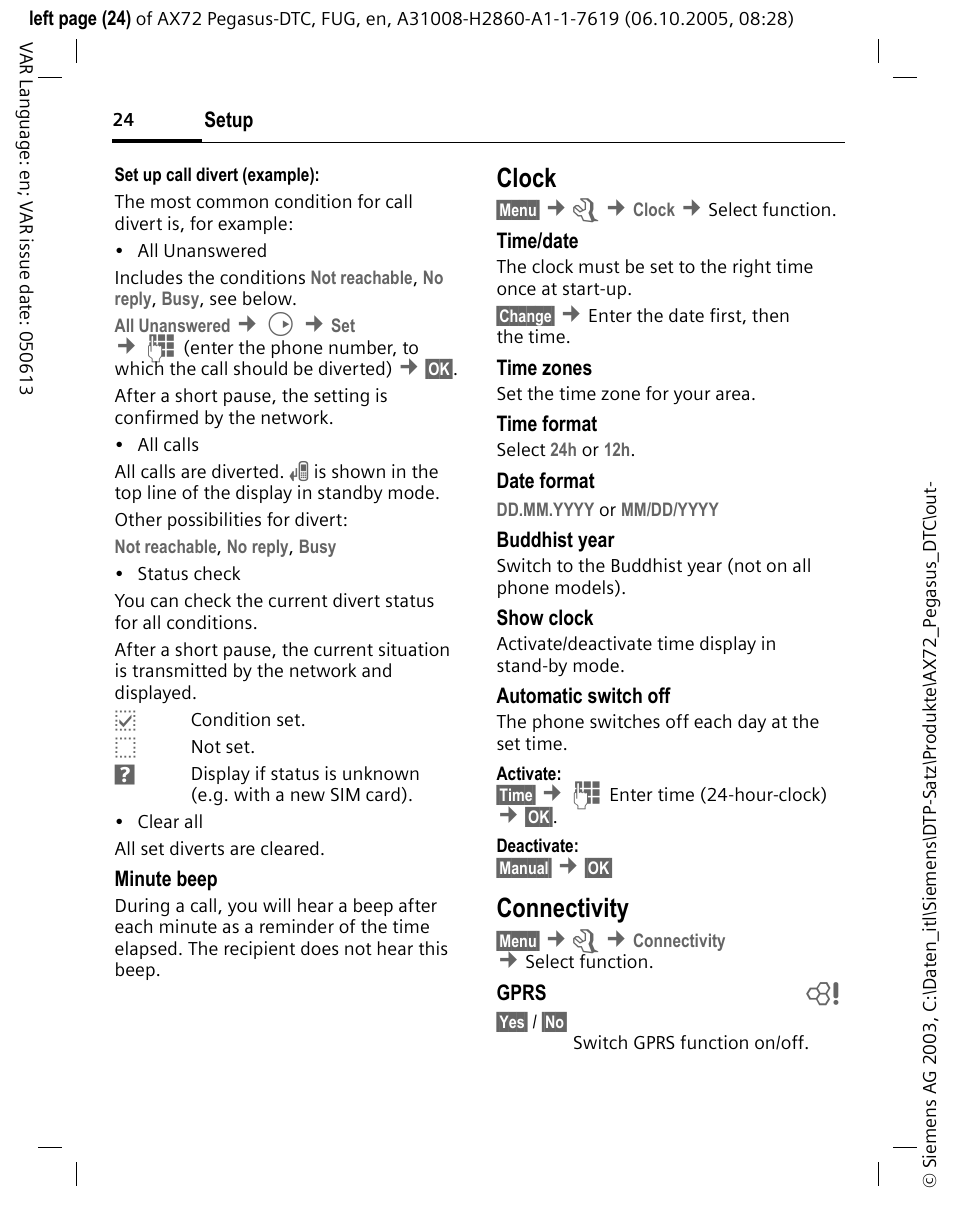 Clock, Connectivity | Siemens PEGASUS-DTC AX72 User Manual | Page 24 / 44