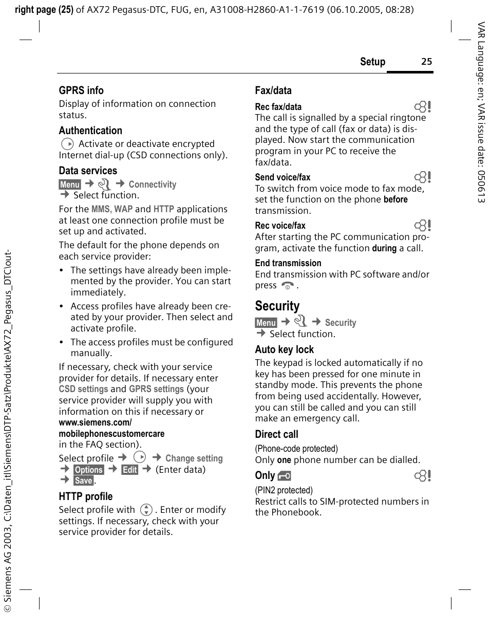 Security | Siemens PEGASUS-DTC AX72 User Manual | Page 25 / 44