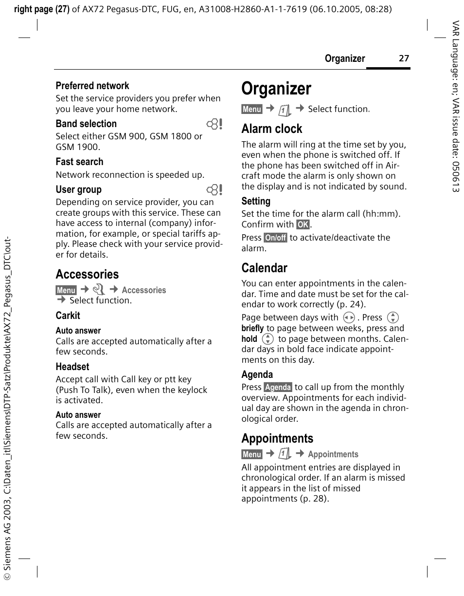 Accessories, Organizer, Alarm clock | Calendar, Appointments | Siemens PEGASUS-DTC AX72 User Manual | Page 27 / 44