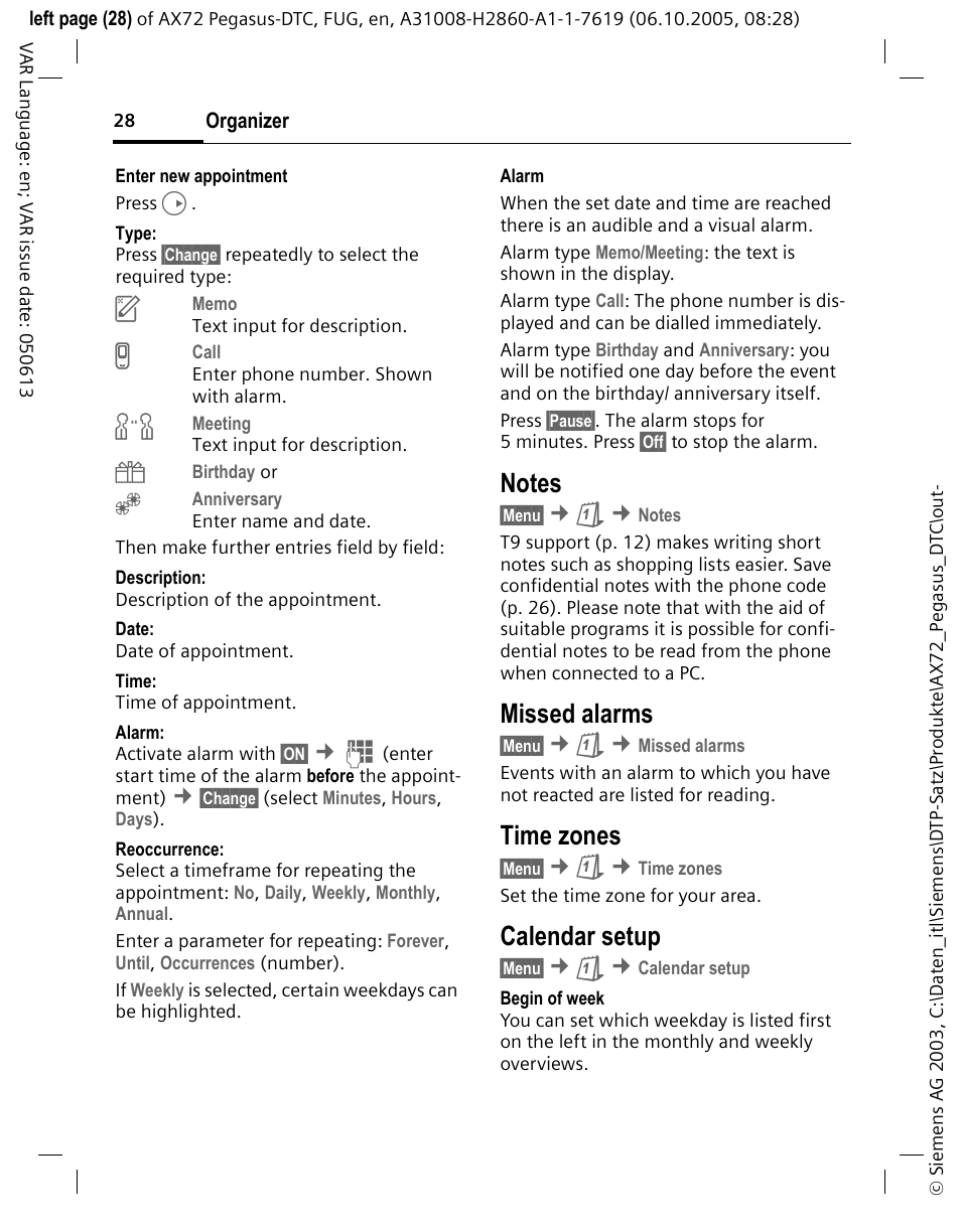 Notes, Missed alarms, Time zones | Calendar setup | Siemens PEGASUS-DTC AX72 User Manual | Page 28 / 44