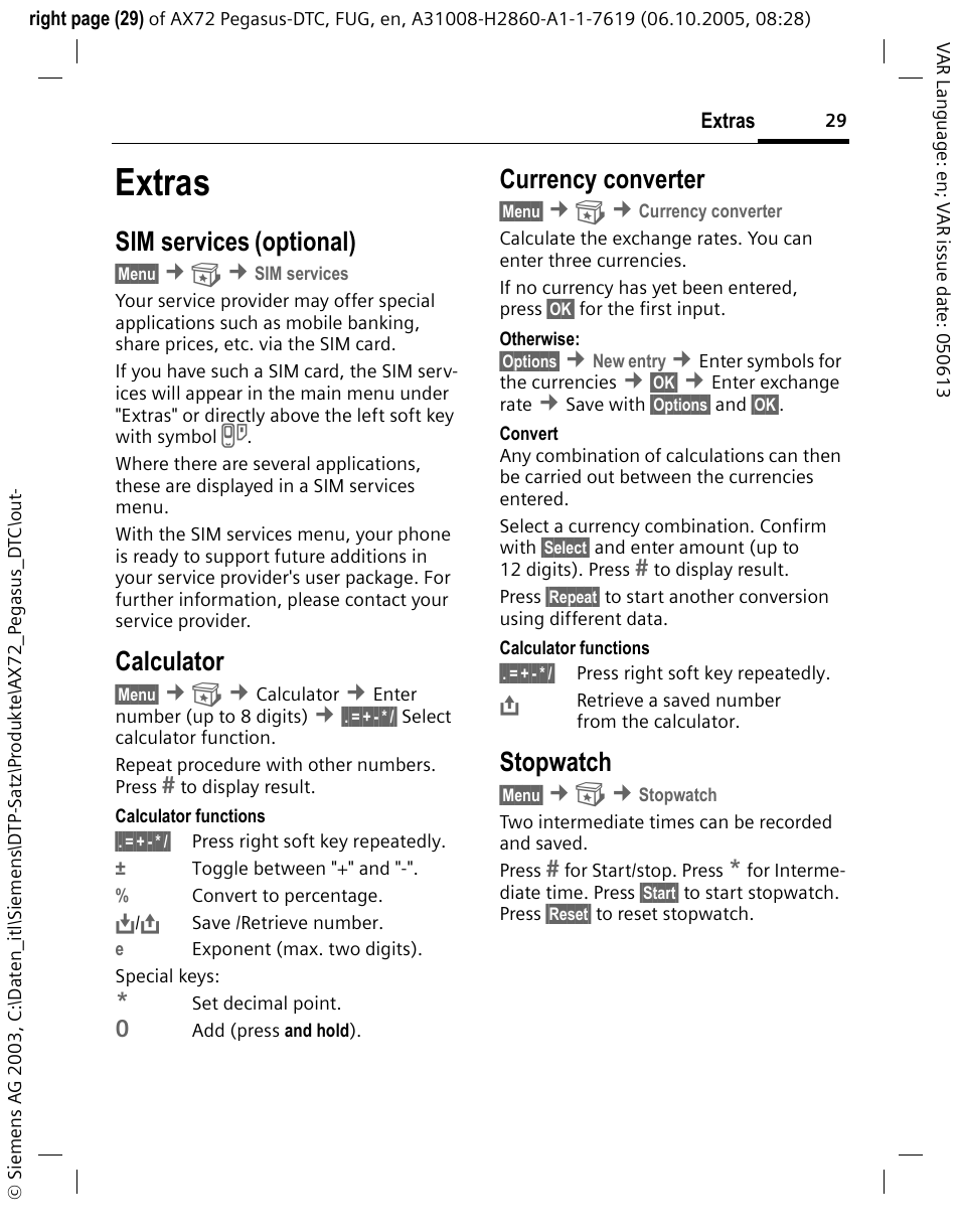 Extras, Currency converter, Sim services | Optional), Calculator, Stopwatch | Siemens PEGASUS-DTC AX72 User Manual | Page 29 / 44