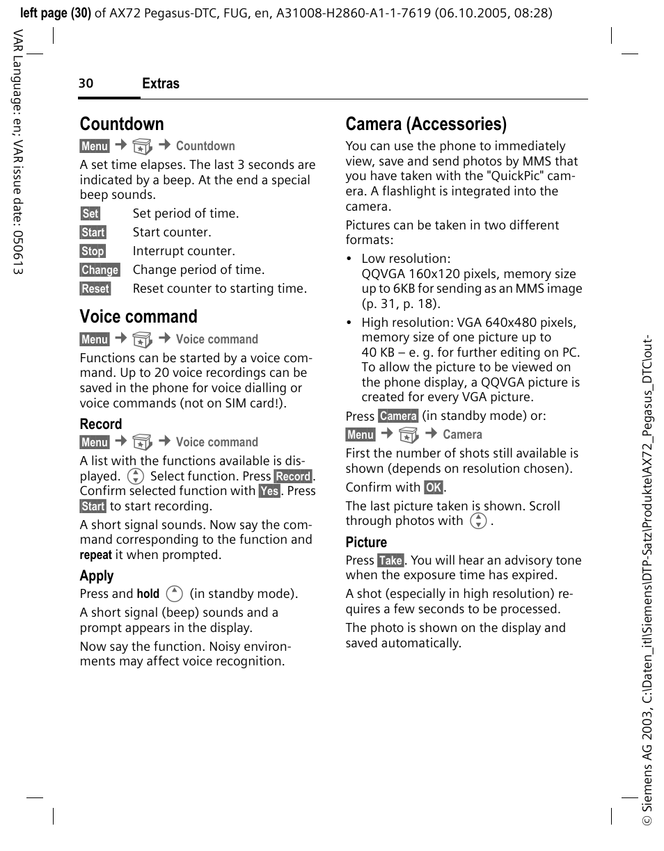 Countdown, Camera (accessories), Voice command | Siemens PEGASUS-DTC AX72 User Manual | Page 30 / 44