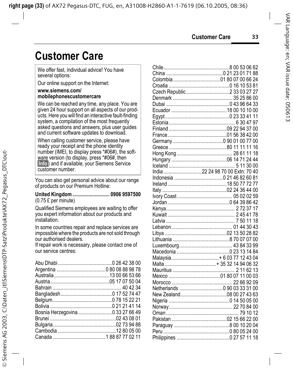 Customer care | Siemens PEGASUS-DTC AX72 User Manual | Page 33 / 44