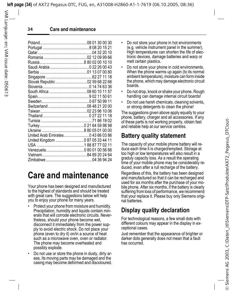 Care and maintenance, Battery quality statement, Display quality declaration | Siemens PEGASUS-DTC AX72 User Manual | Page 34 / 44