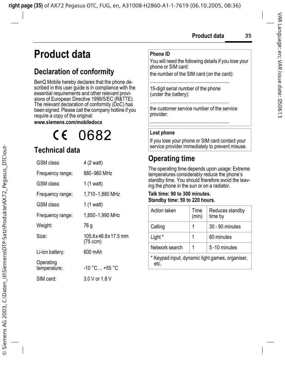 Product data, Declaration of conformity, Technical data operating time | Siemens PEGASUS-DTC AX72 User Manual | Page 35 / 44