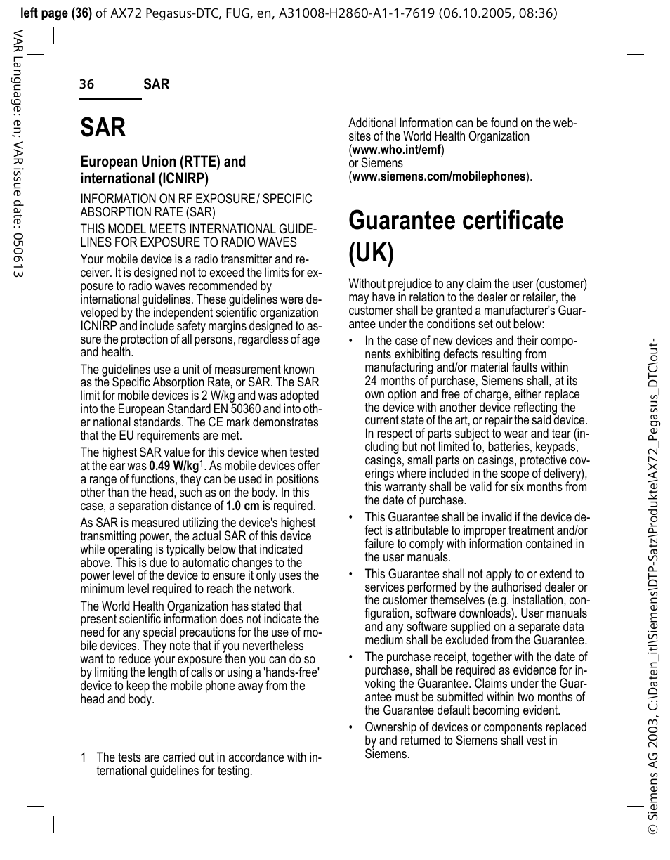 Guarantee certificate (uk) | Siemens PEGASUS-DTC AX72 User Manual | Page 36 / 44