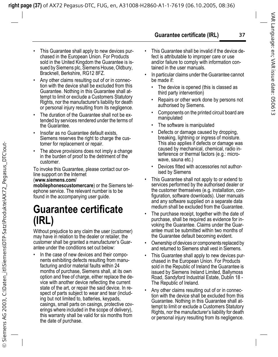 Guarantee certificate (irl) | Siemens PEGASUS-DTC AX72 User Manual | Page 37 / 44