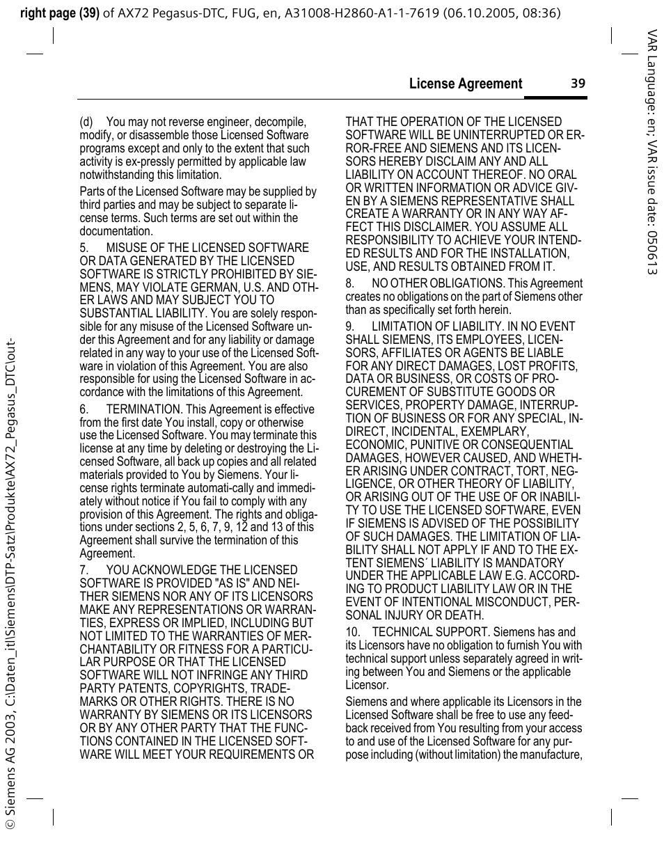 Siemens PEGASUS-DTC AX72 User Manual | Page 39 / 44