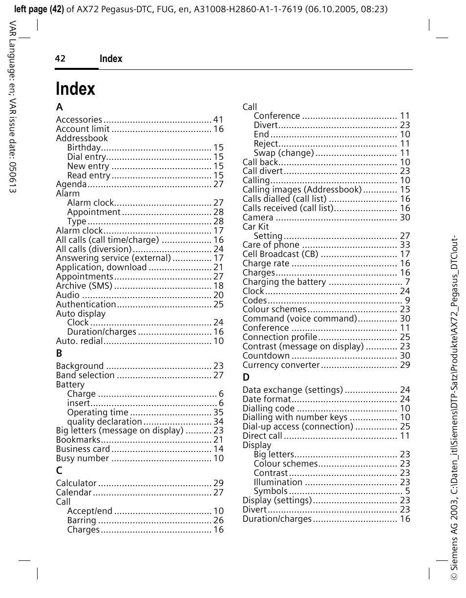 Index | Siemens PEGASUS-DTC AX72 User Manual | Page 42 / 44