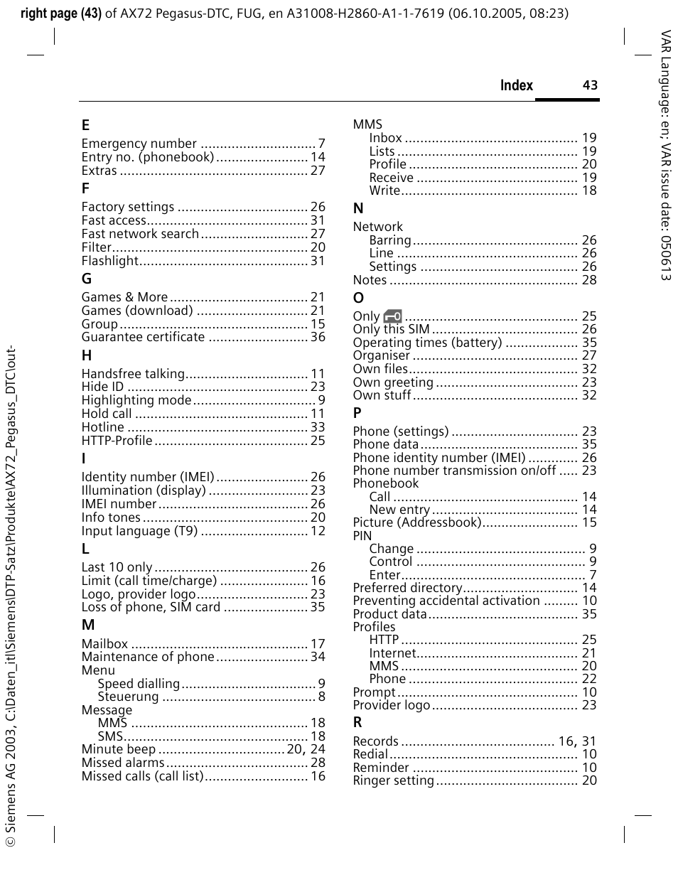 Siemens PEGASUS-DTC AX72 User Manual | Page 43 / 44