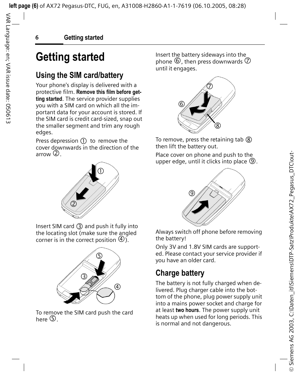 Getting started, Using the sim card/battery, Charge battery | Siemens PEGASUS-DTC AX72 User Manual | Page 6 / 44