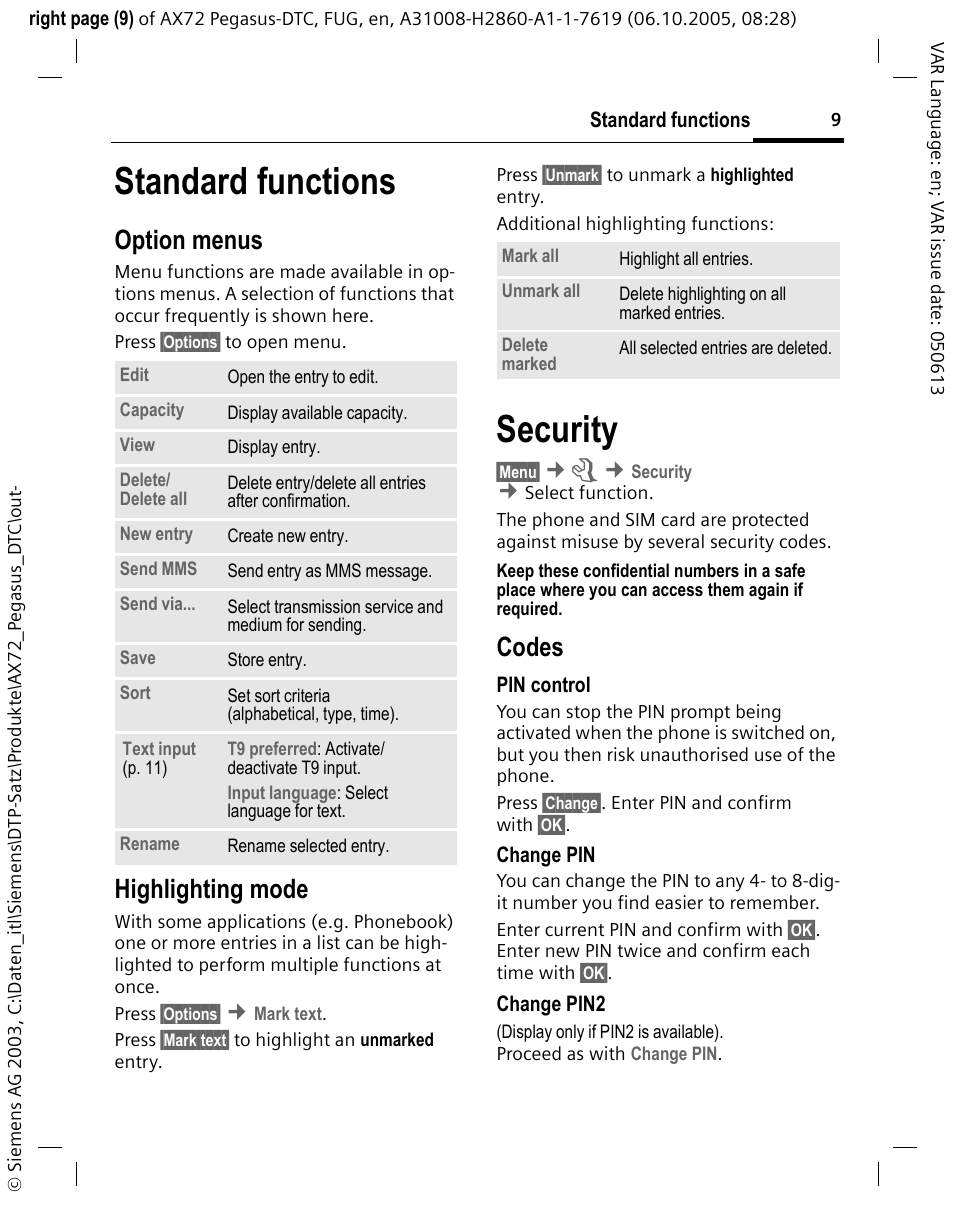 Standard functions, Security, Codes | Option menus, Highlighting mode | Siemens PEGASUS-DTC AX72 User Manual | Page 9 / 44