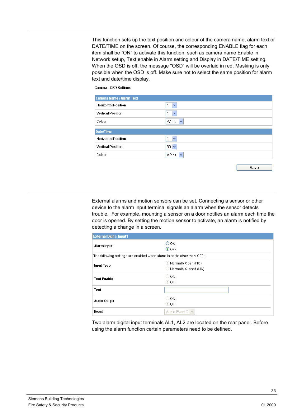 4 camera osd settings, 4 alarm | Siemens CCMX1315-LP User Manual | Page 33 / 60