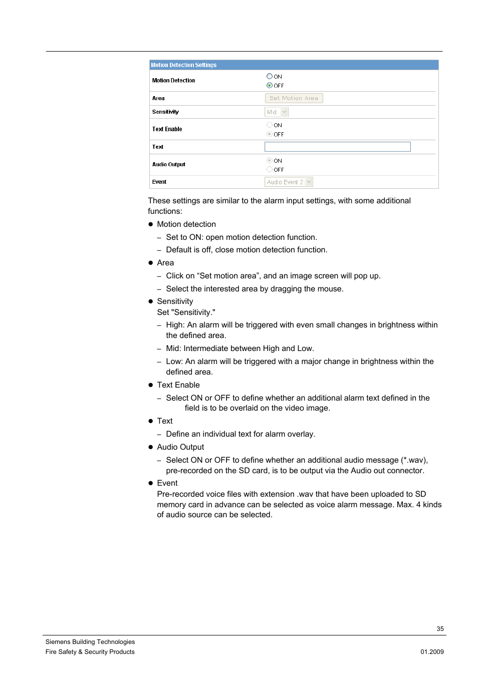 3 motion detection settings | Siemens CCMX1315-LP User Manual | Page 35 / 60