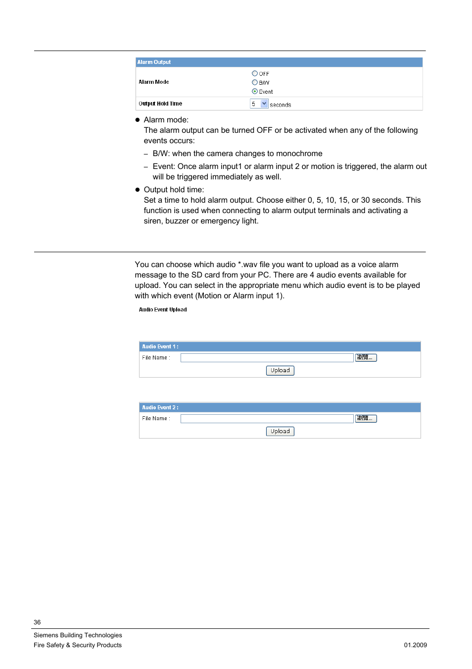 4 alarm output, 5 audio event | Siemens CCMX1315-LP User Manual | Page 36 / 60