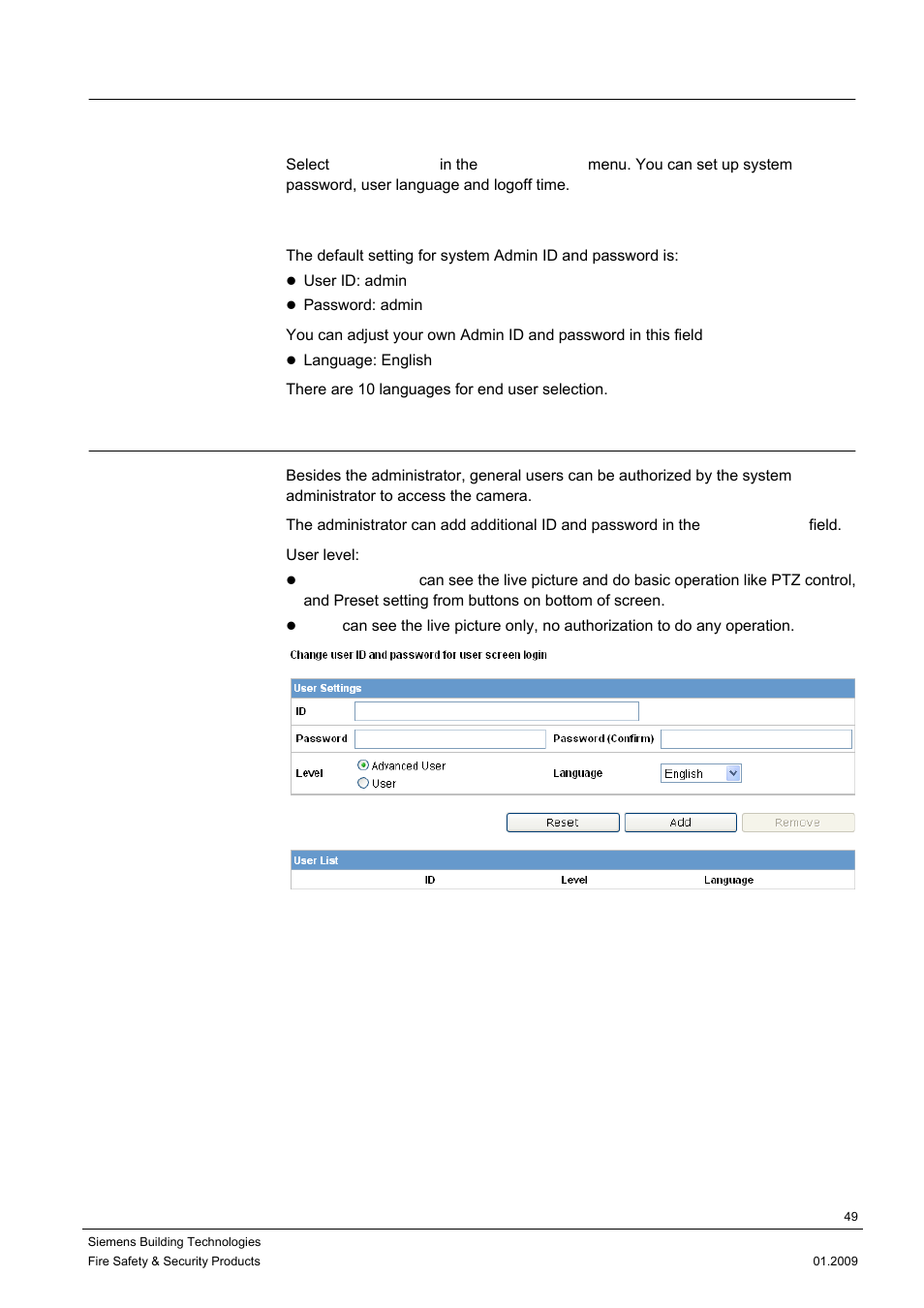 1 administrator, 2 user list | Siemens CCMX1315-LP User Manual | Page 49 / 60