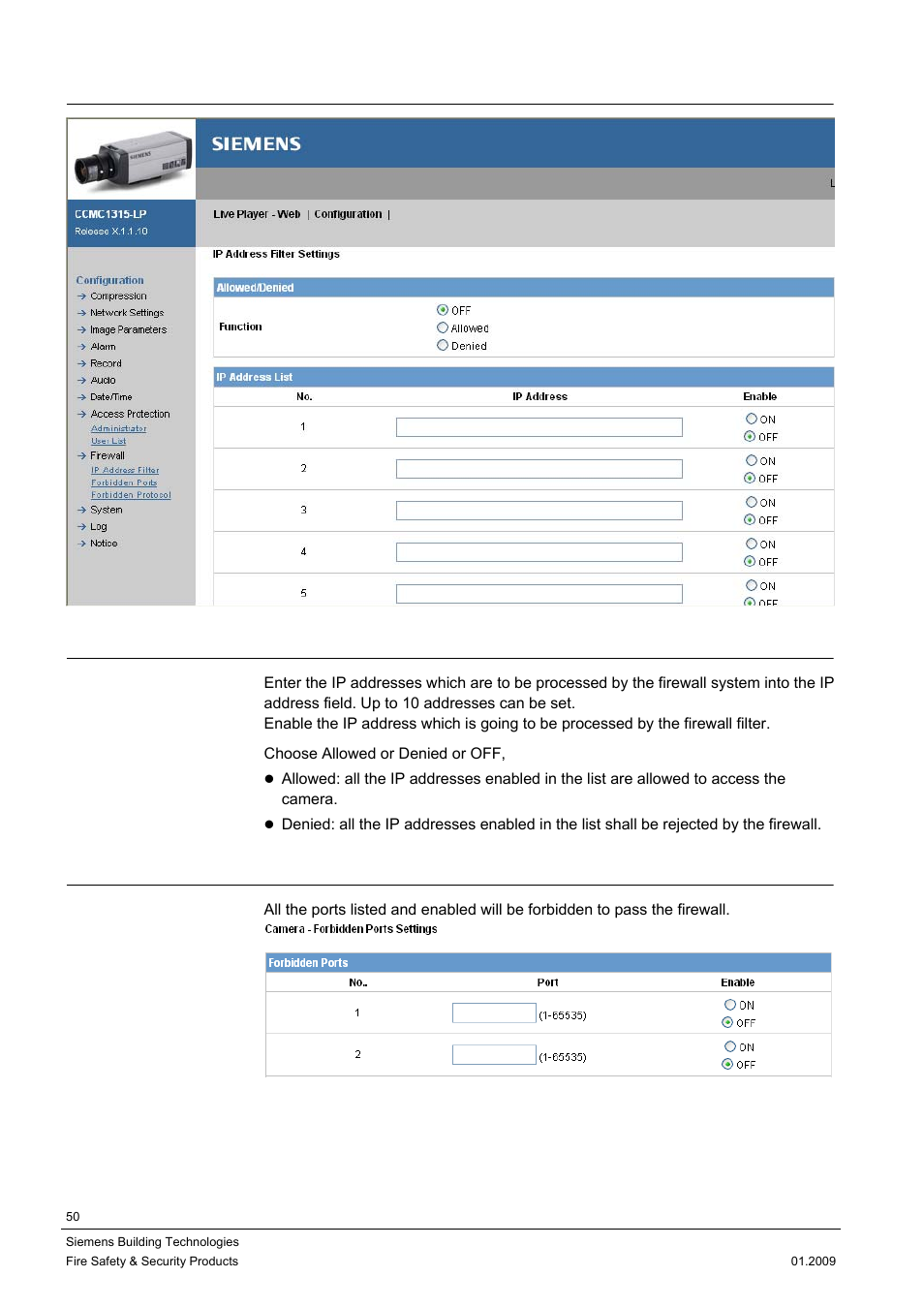 9 firewall, 1 ip address filter, 2 forbidden ports | Siemens CCMX1315-LP User Manual | Page 50 / 60