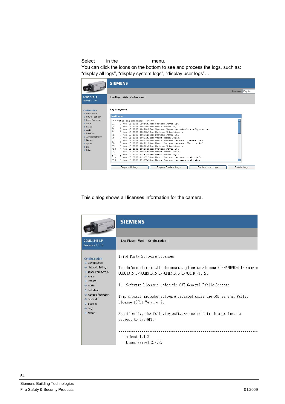 11 log, 12 notice | Siemens CCMX1315-LP User Manual | Page 54 / 60