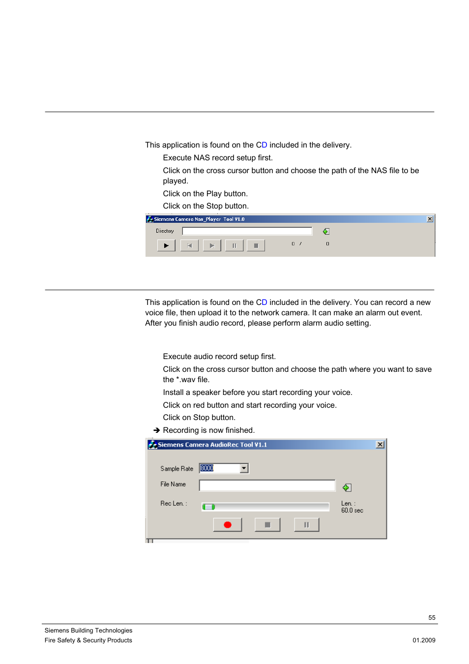 8 utility program application, 1 nas player setup, 2 audio record setup | Siemens CCMX1315-LP User Manual | Page 55 / 60