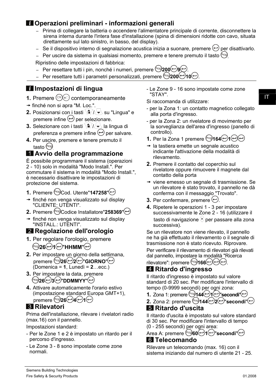 Operazioni preliminari - informazioni generali, Impostazioni di lingua, Avvio della programmazione | Regolazione dell'orologio, Rilevatori, Ritardo d'ingresso, Ritardo d'uscita, Telecomando | Siemens IC60 User Manual | Page 10 / 40