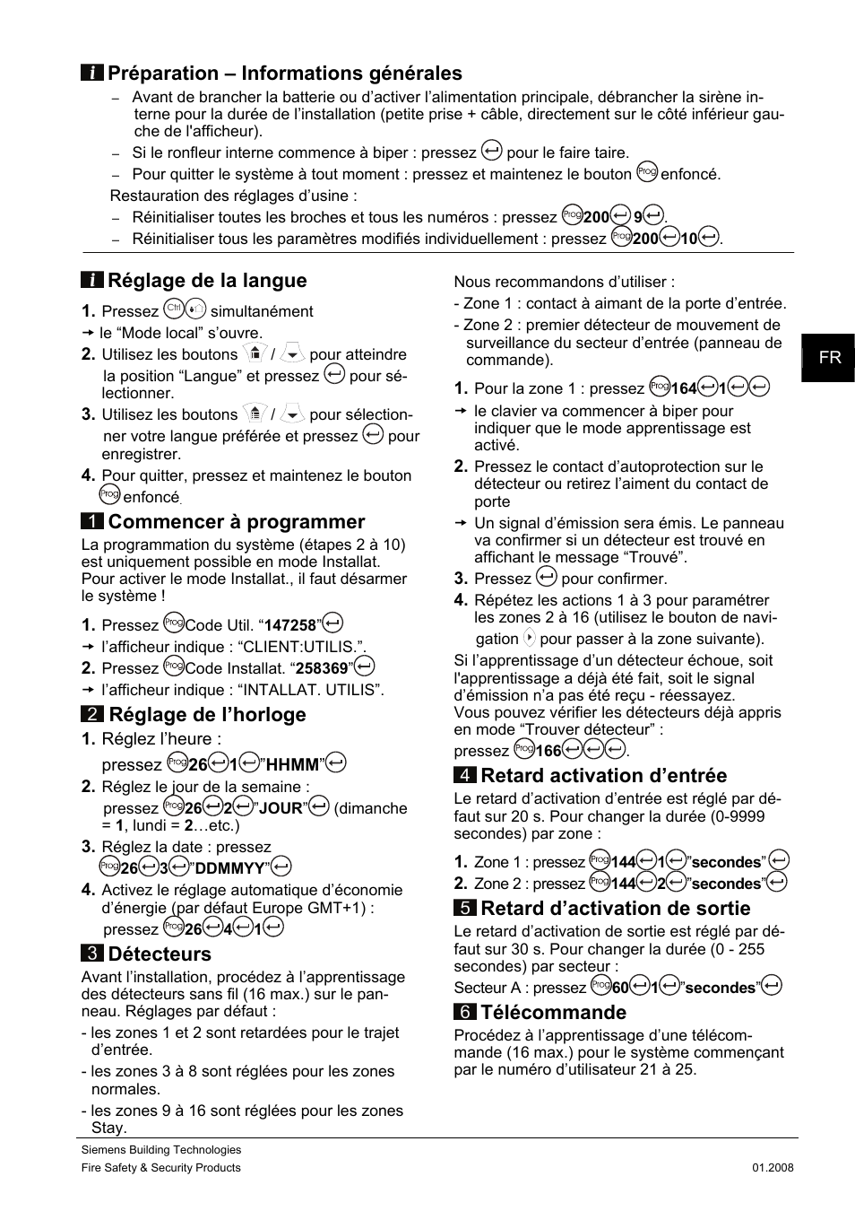 Préparation – informations générales, Réglage de la langue, Commencer à programmer | Réglage de l’horloge, Détecteurs, Retard activation d’entrée, Retard d’activation de sortie, Télécommande | Siemens IC60 User Manual | Page 12 / 40