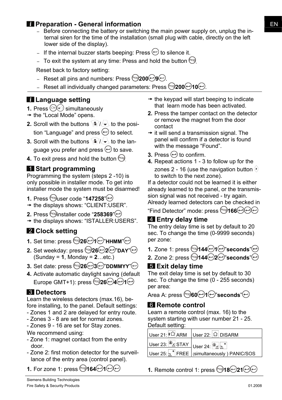 Preparation - general information, Language setting, Start programming | Clock setting, Detectors, Entry delay time, Exit delay time, Remote control | Siemens IC60 User Manual | Page 2 / 40