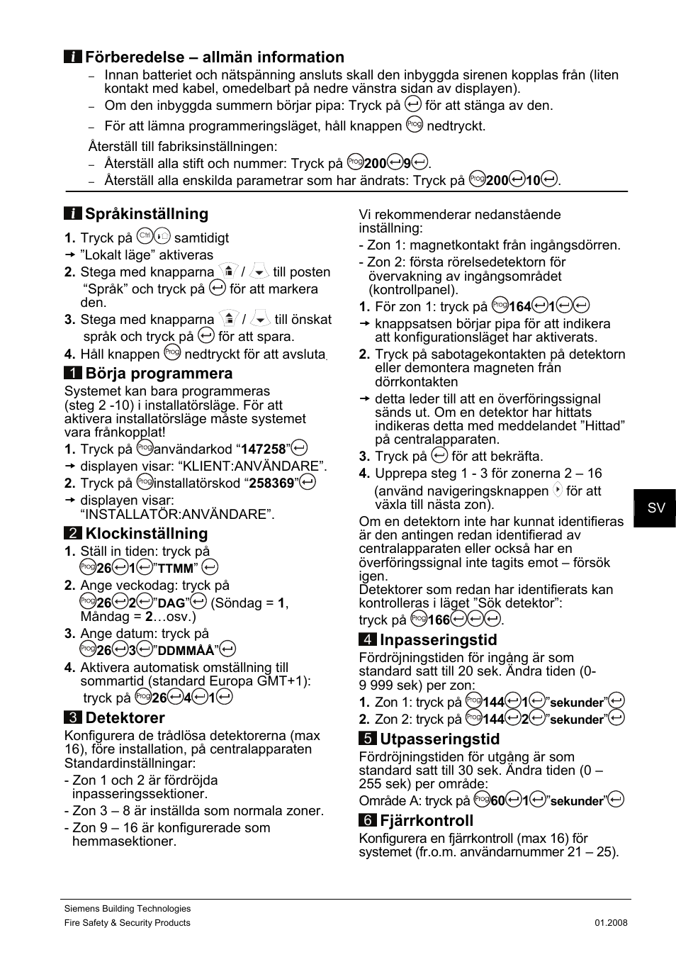 Förberedelse – allmän information, Språkinställning, Börja programmera | Klockinställning, Detektorer, Inpasseringstid, Utpasseringstid, Fjärrkontroll | Siemens IC60 User Manual | Page 22 / 40