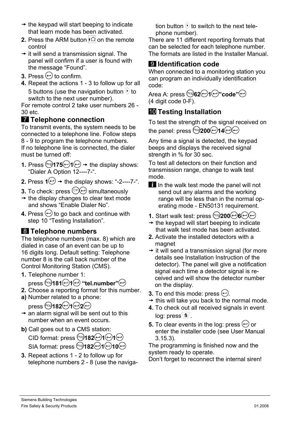 Telephone connection, Telephone numbers, Identification code | Testing installation | Siemens IC60 User Manual | Page 3 / 40