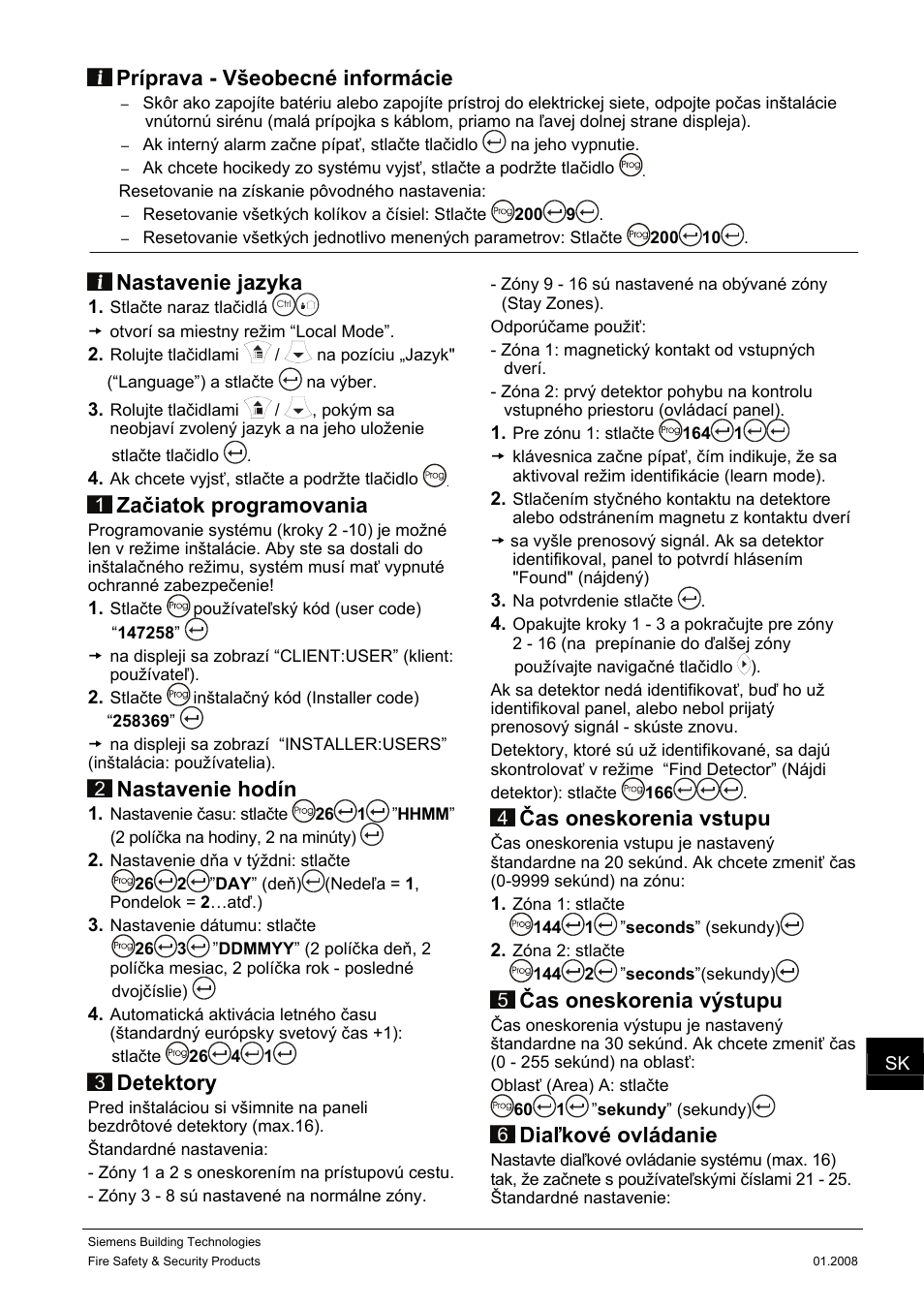 Príprava - všeobecné informácie, Nastavenie jazyka, Začiatok programovania | Nastavenie hodín, Detektory, Čas oneskorenia vstupu, Čas oneskorenia výstupu, Diaľkové ovládanie | Siemens IC60 User Manual | Page 34 / 40