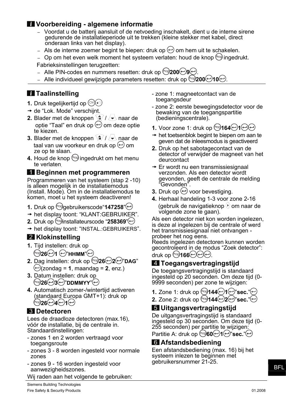 Voorbereiding - algemene informatie, Taalinstelling, Beginnen met programmeren | Klokinstelling, Detectoren, Toegangsvertragingstijd, Uitgangsvertragingstijd, Afstandsbediening | Siemens IC60 User Manual | Page 38 / 40