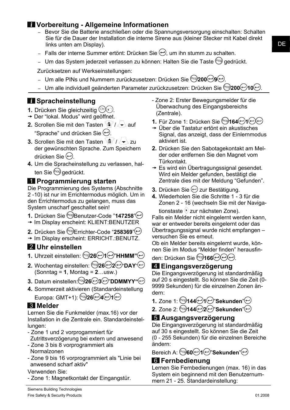 Vorbereitung - allgemeine informationen, Spracheinstellung, Programmierung starten | Uhr einstellen, Melder, Eingangsverzögerung, Ausgangsverzögerung, Fernbedienung | Siemens IC60 User Manual | Page 4 / 40