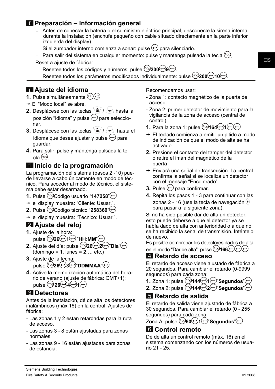 Preparación – información general, Ajuste del idioma, Inicio de la programación | Ajuste del reloj, Detectores, Retardo de acceso, Retardo de salida, Control remoto | Siemens IC60 User Manual | Page 6 / 40