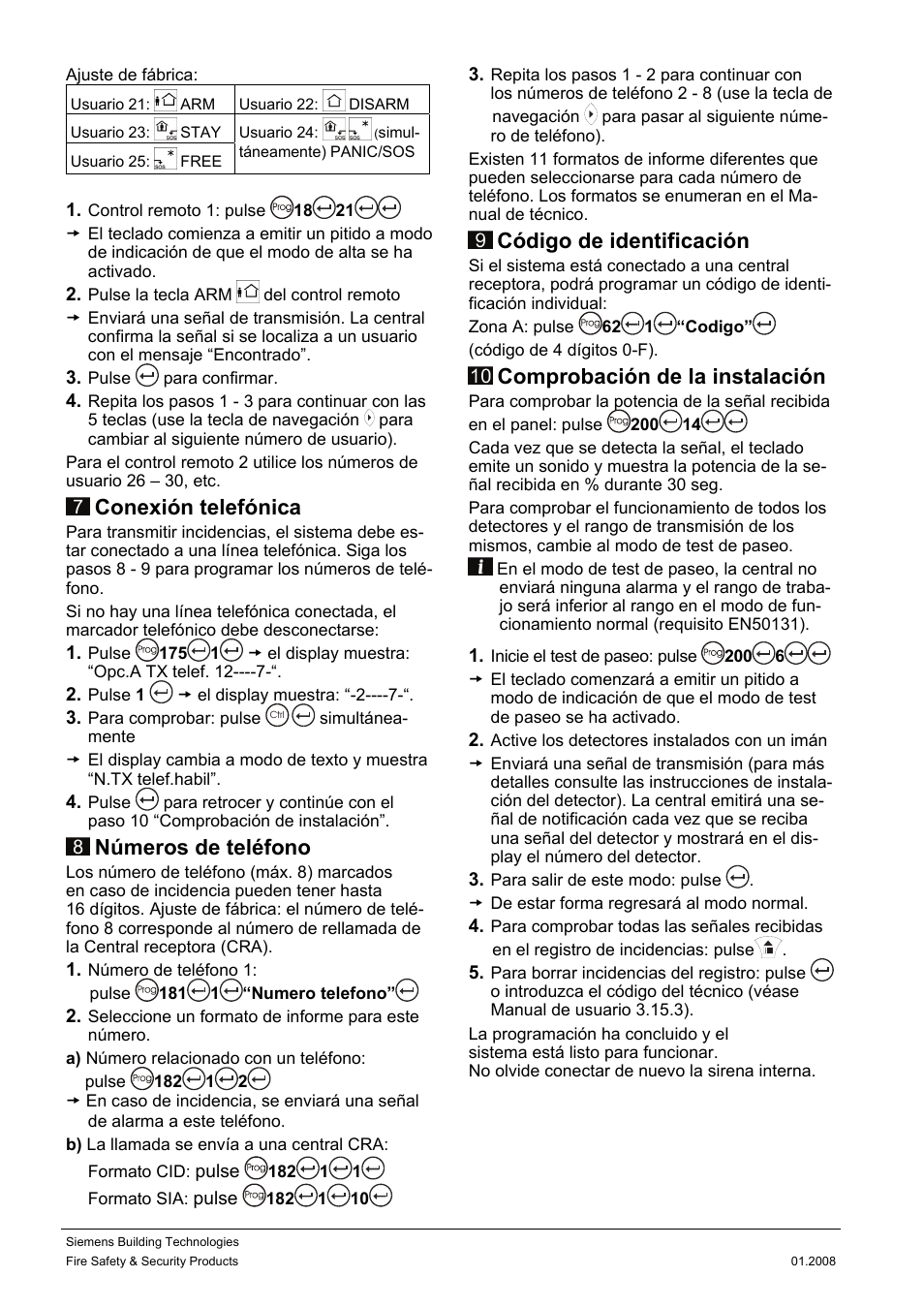 Conexión telefónica, Números de teléfono, Código de identificación | Comprobación de la instalación | Siemens IC60 User Manual | Page 7 / 40